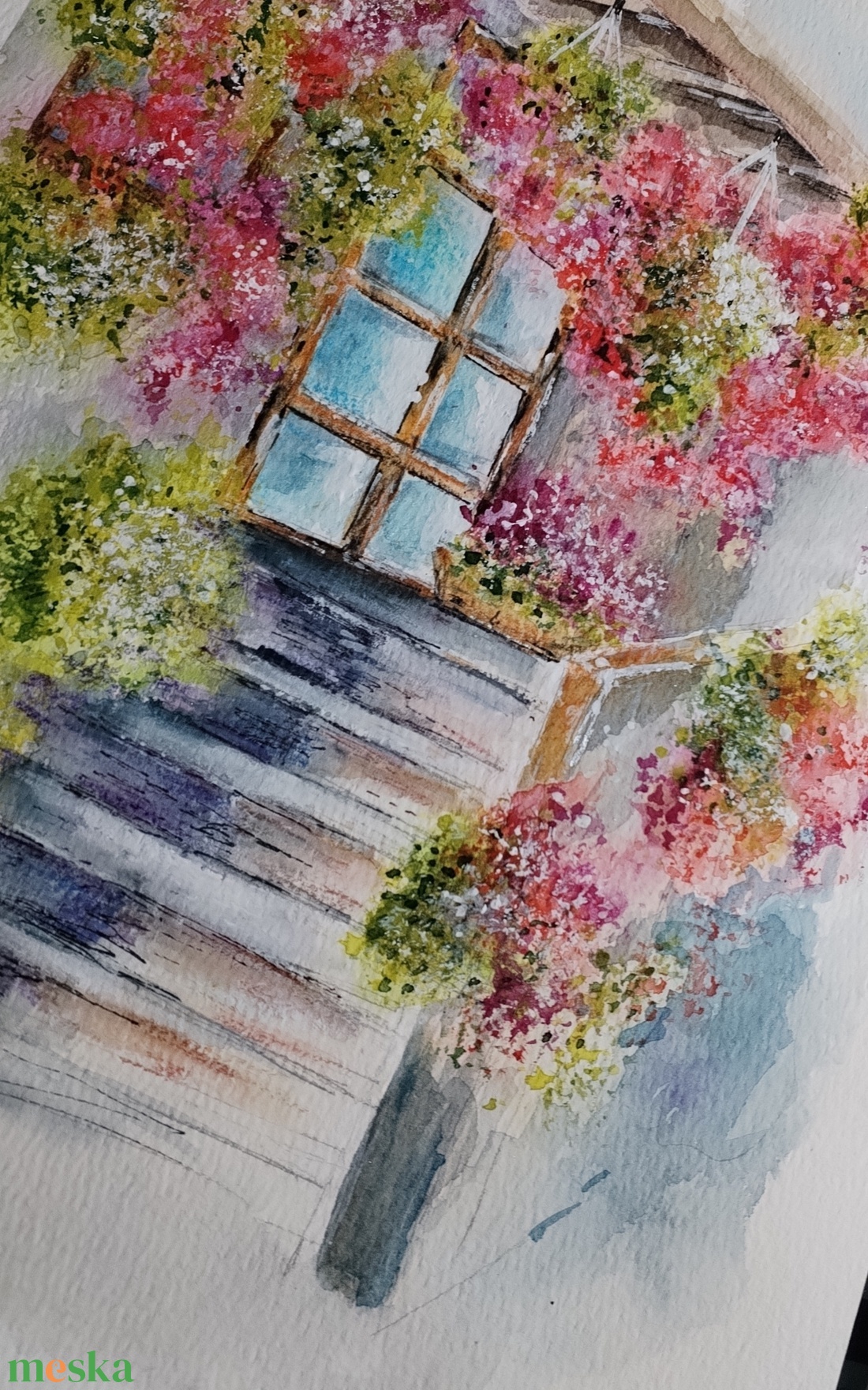 Egy mediterrán udvar, ahol a színek versenyeznek a fénnyel. Akvarell festmény, amely a nyár ragyogását és az életöröm pi - művészet - festmény - akvarell - Meska.hu