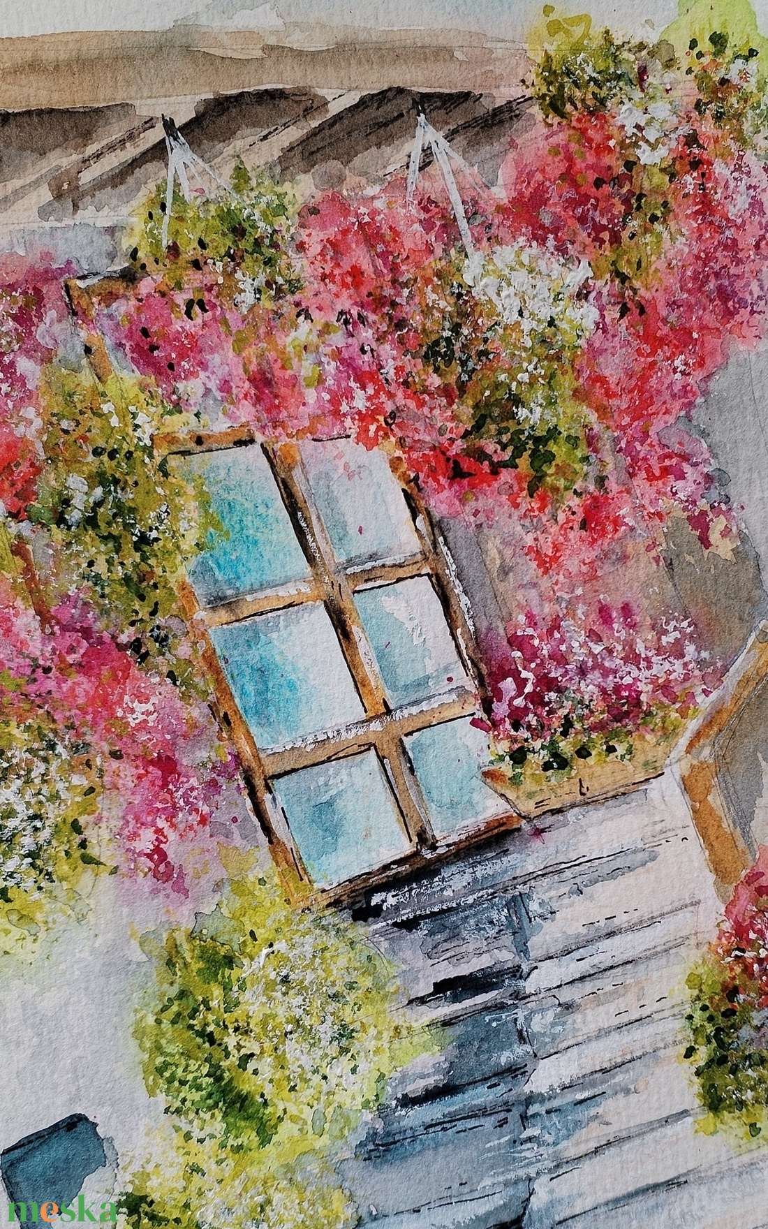Egy mediterrán udvar, ahol a színek versenyeznek a fénnyel. Akvarell festmény, amely a nyár ragyogását és az életöröm pi - művészet - festmény - akvarell - Meska.hu