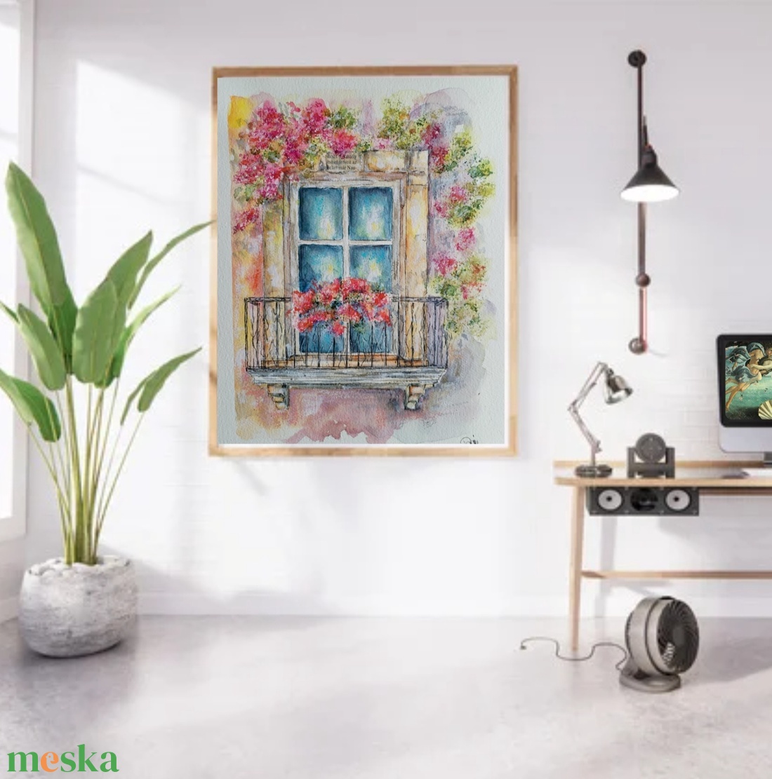 Mediterrán hangulatú akvarell, amely egy virágokkal teli ablak nyugalmát idézi. Színes, vidám, mégis letisztult darab. - művészet - festmény - akvarell - Meska.hu