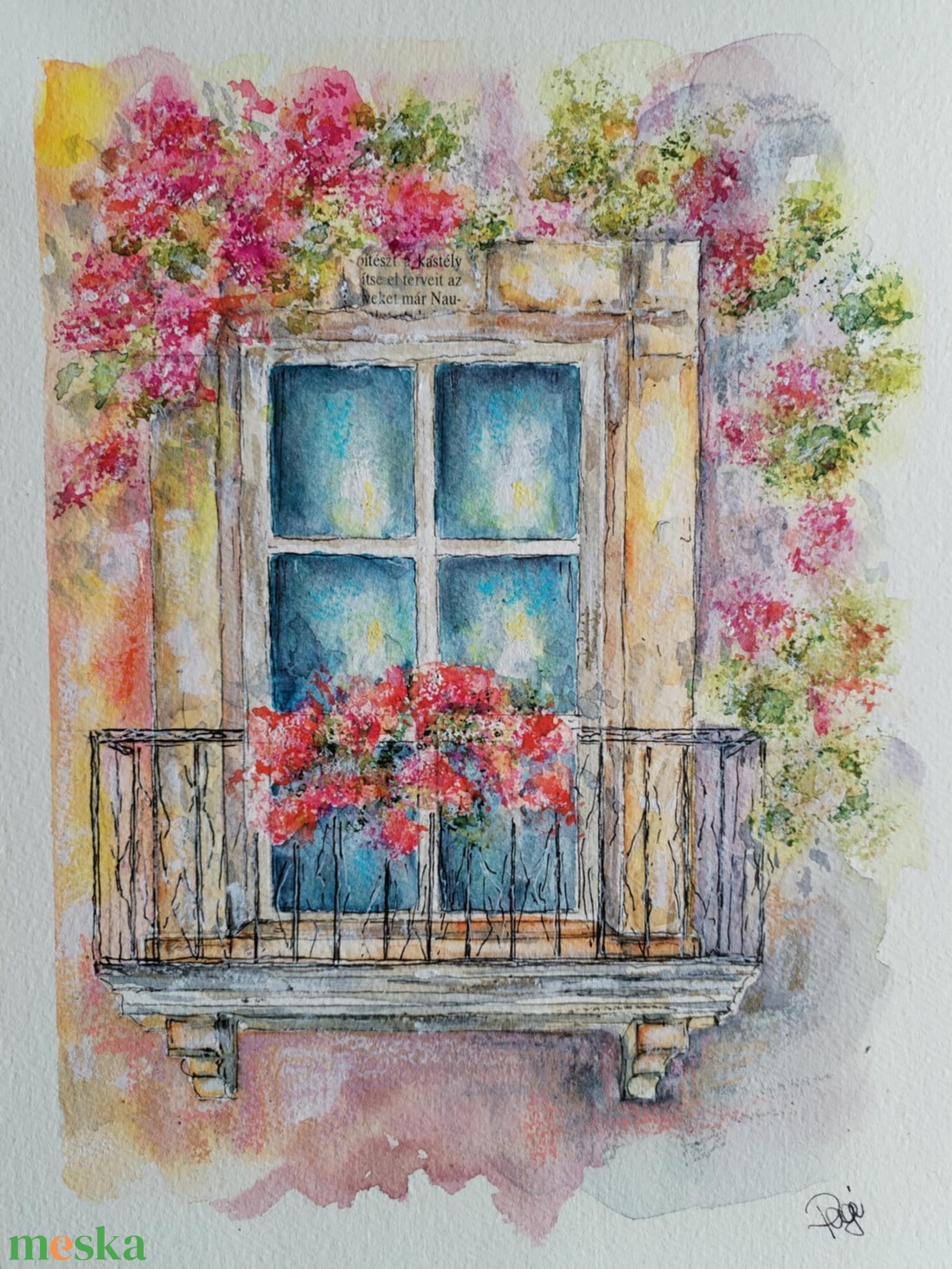 Mediterrán hangulatú akvarell, amely egy virágokkal teli ablak nyugalmát idézi. Színes, vidám, mégis letisztult darab. - művészet - festmény - akvarell - Meska.hu