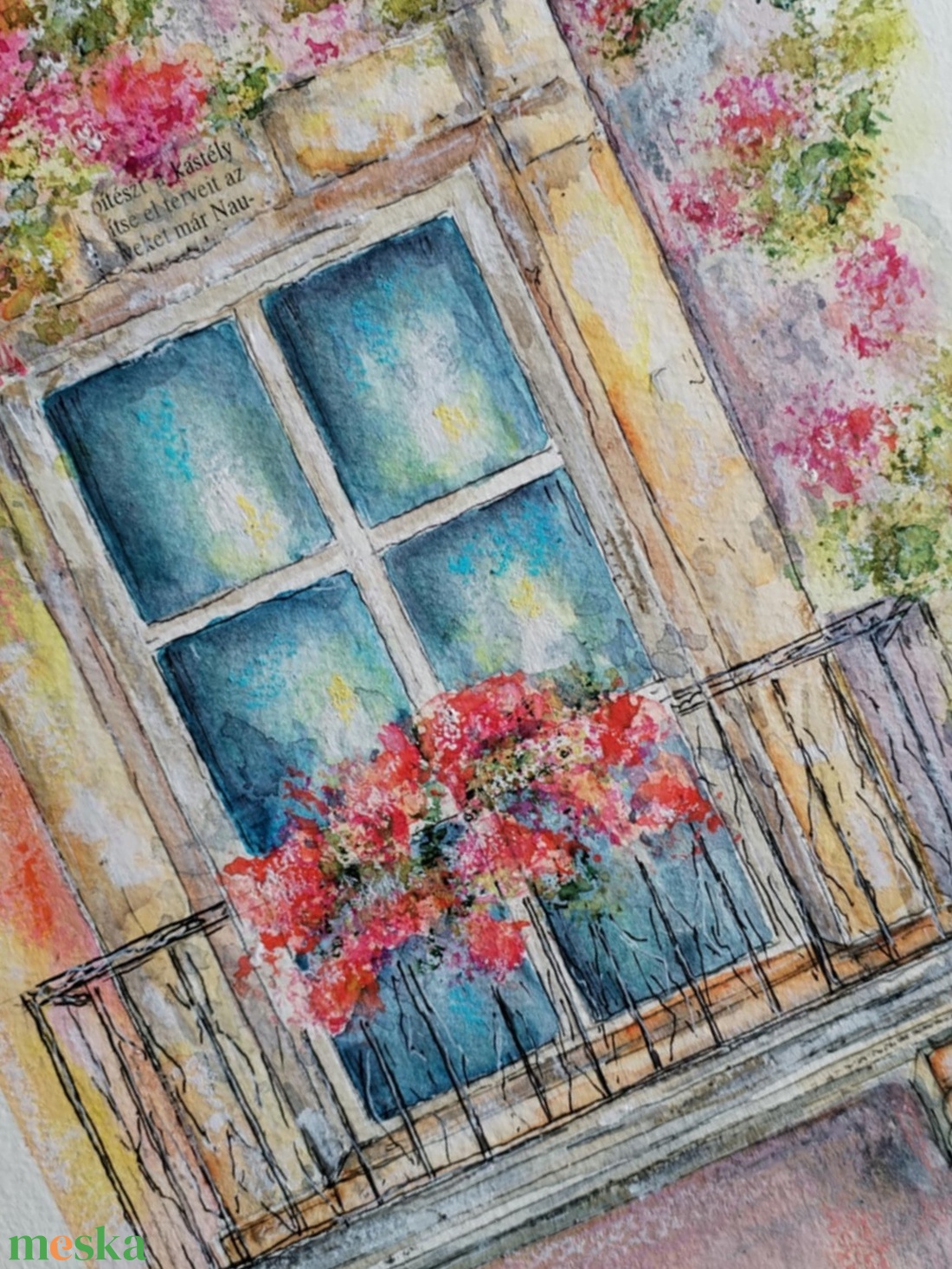 Mediterrán hangulatú akvarell, amely egy virágokkal teli ablak nyugalmát idézi. Színes, vidám, mégis letisztult darab. - művészet - festmény - akvarell - Meska.hu