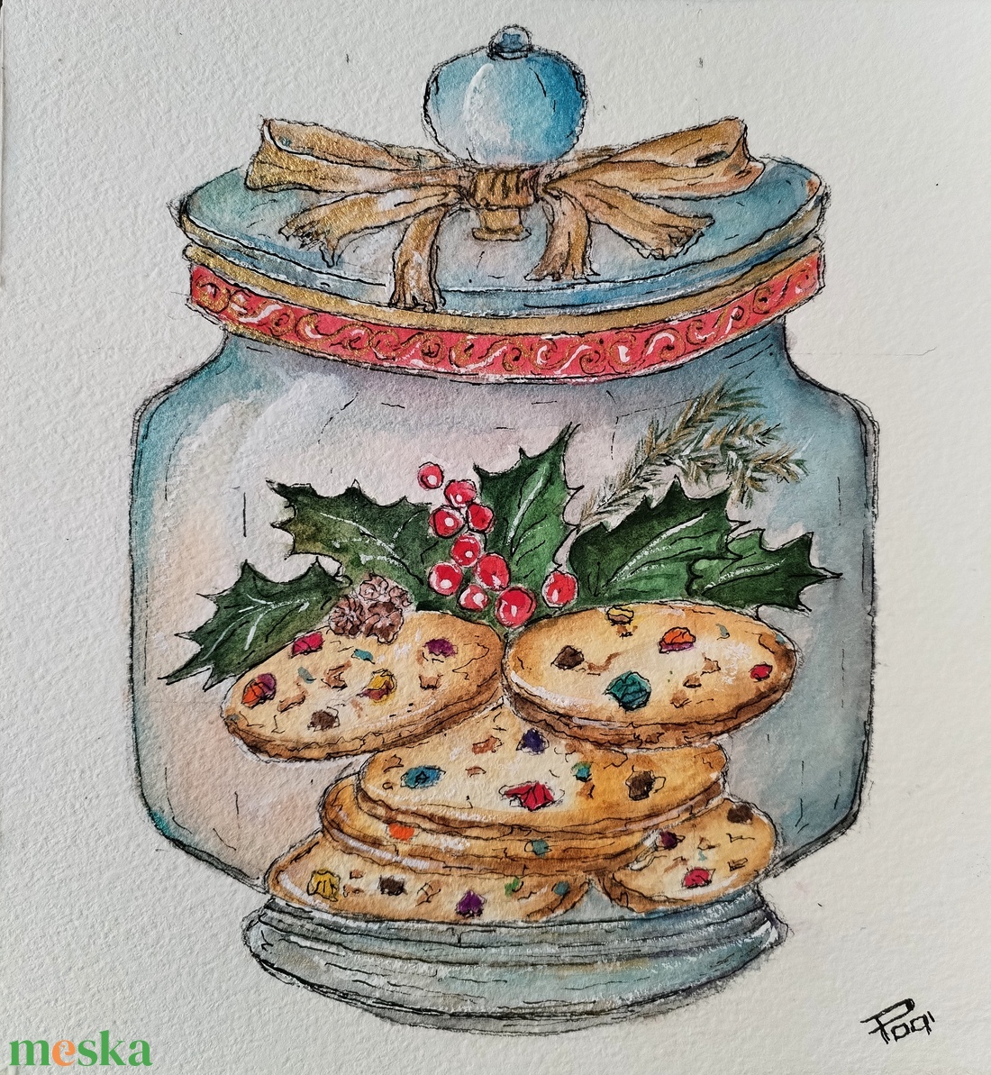 ???? Karácsonyi kekszek  akvarell festmény, karácsonyi ajándék, ünnepi dekoráció - művészet - festmény - akvarell - Meska.hu