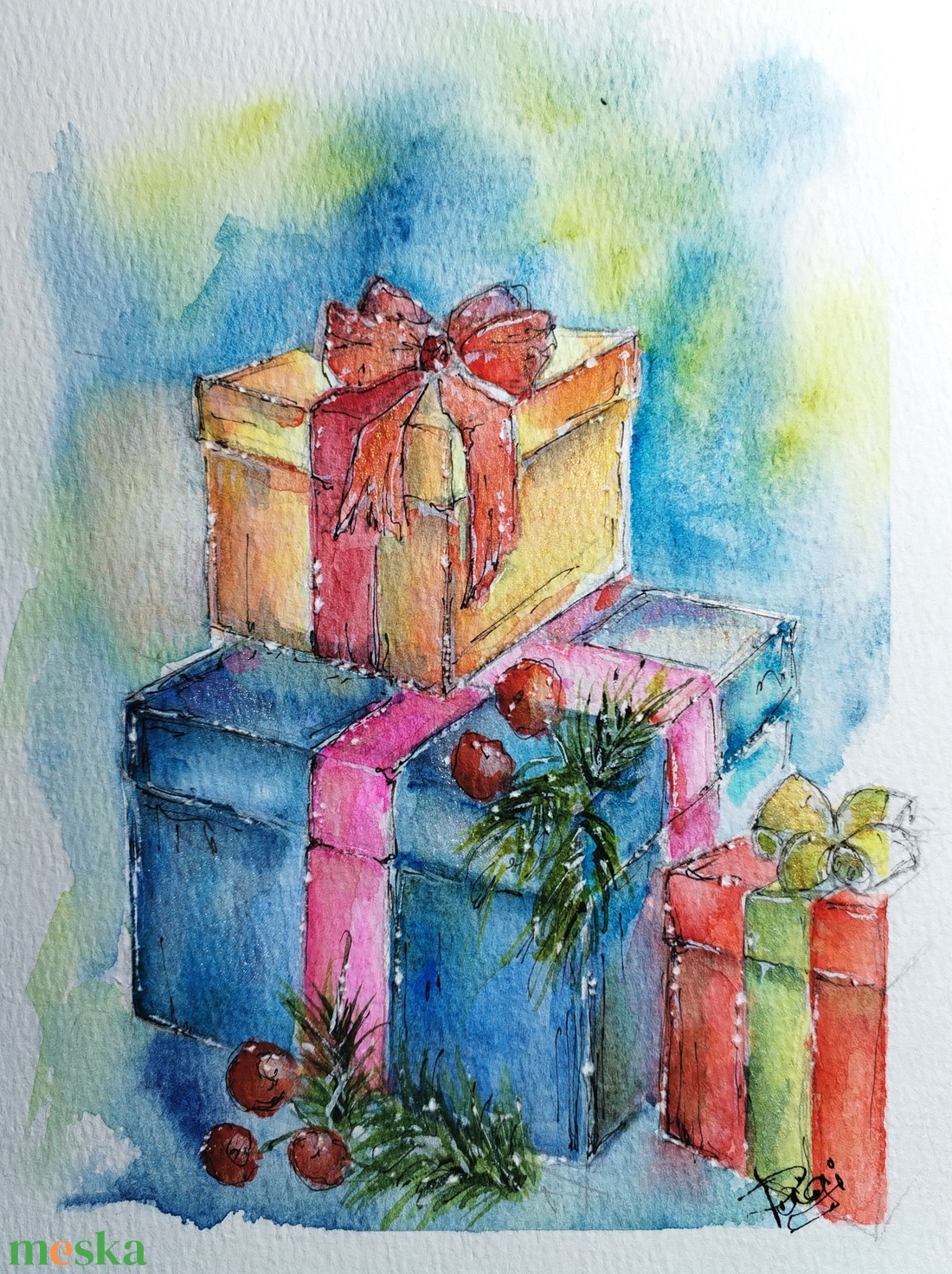 Karácsonyi ajándékok. - művészet - festmény - akvarell - Meska.hu