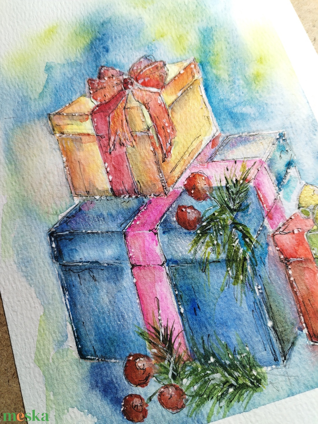 Karácsonyi ajándékok. - művészet - festmény - akvarell - Meska.hu