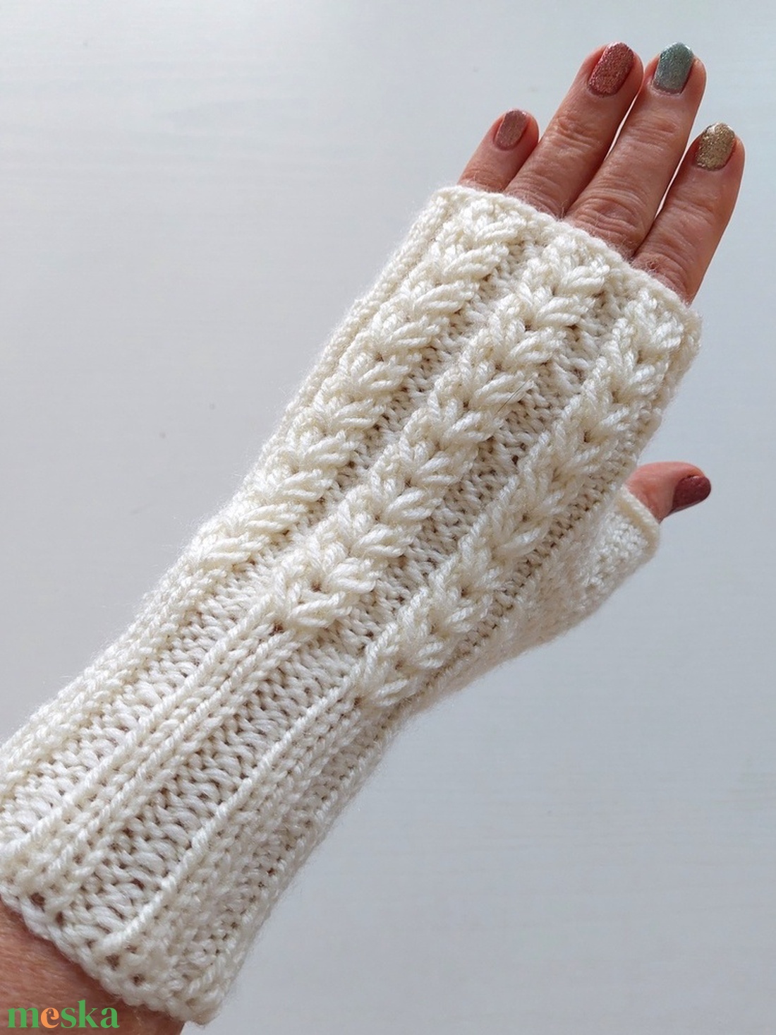 Bordás mintájú, ujj nélküli kötött kesztyű - ruha & divat - sál, sapka, kendő - kesztyű - Meska.hu