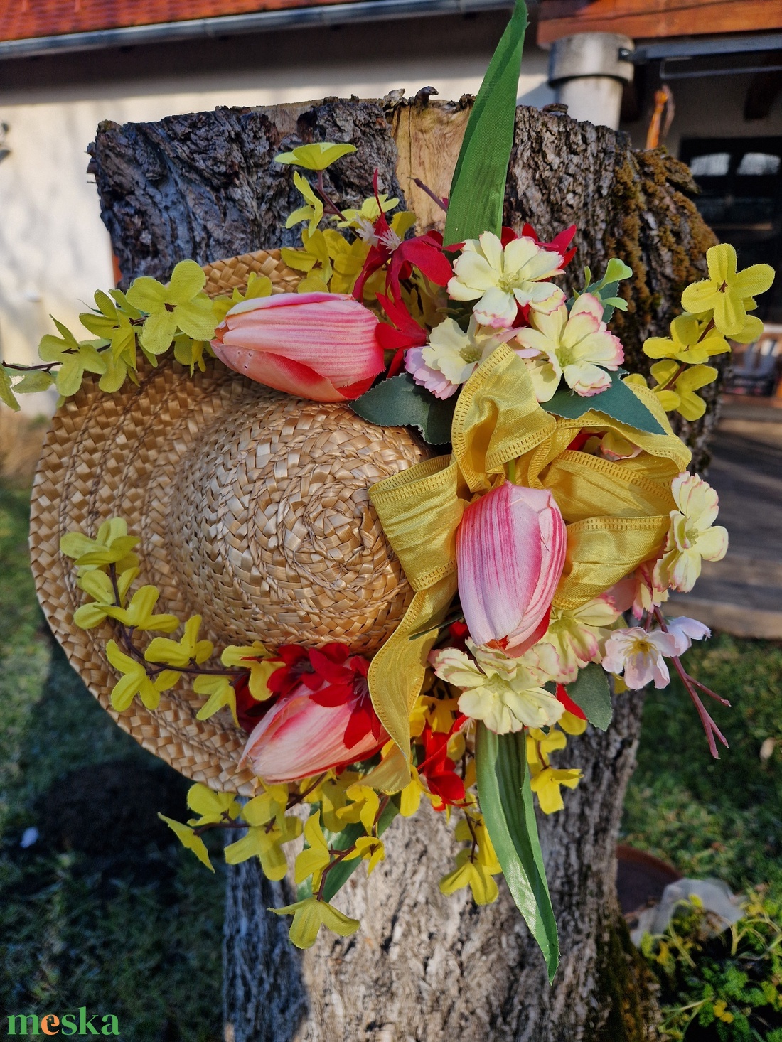 Szalmakalapos tavaszi ajtódísz - otthon & életmód - dekoráció - ajtó- és ablak dekoráció - ajtódísz & kopogtató - Meska.hu