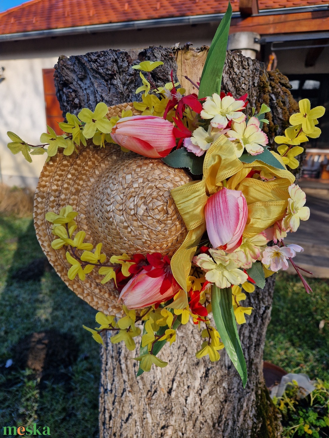 Szalmakalapos tavaszi ajtódísz - otthon & életmód - dekoráció - ajtó- és ablak dekoráció - ajtódísz & kopogtató - Meska.hu