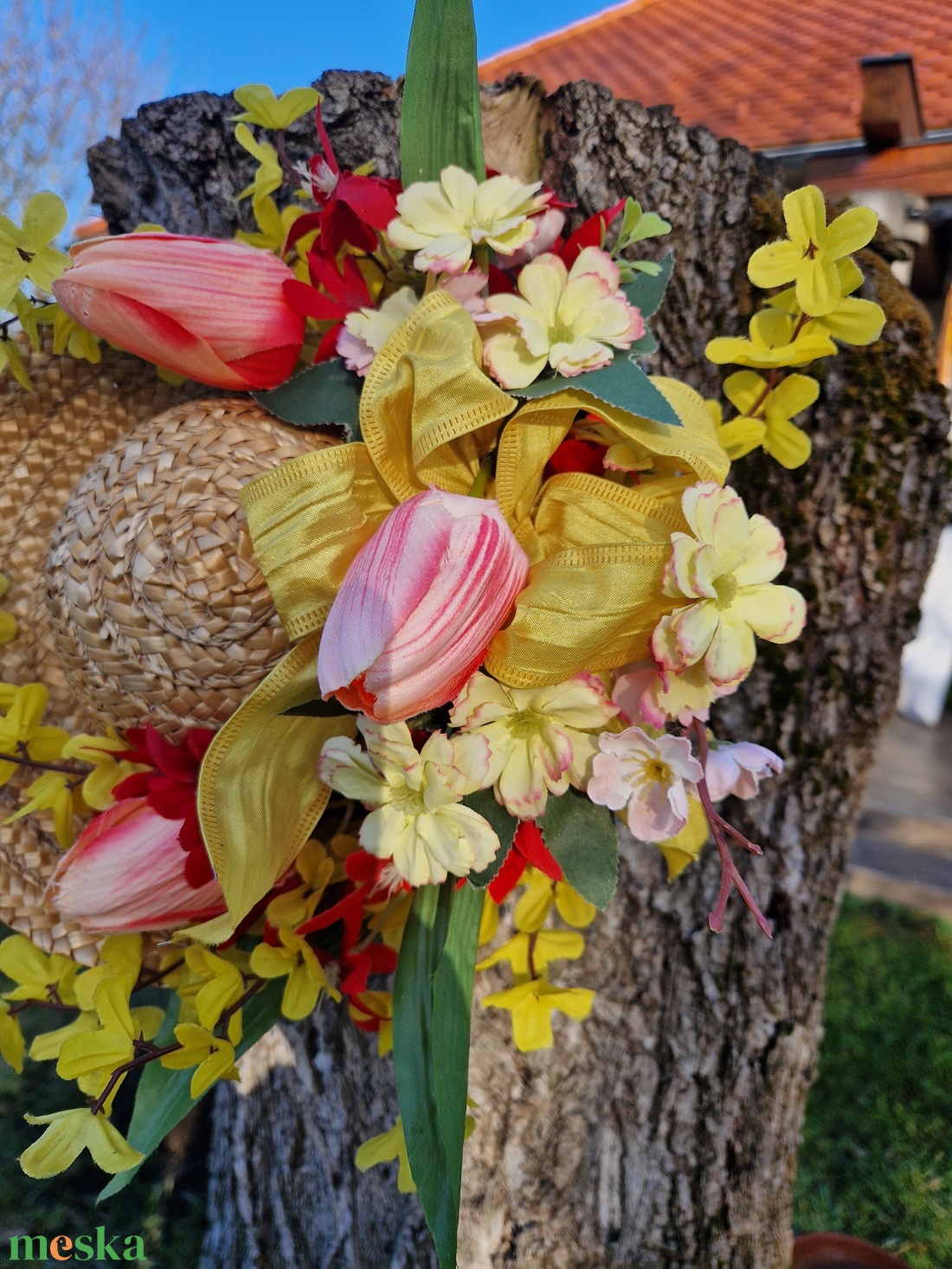 Szalmakalapos tavaszi ajtódísz - otthon & életmód - dekoráció - ajtó- és ablak dekoráció - ajtódísz & kopogtató - Meska.hu