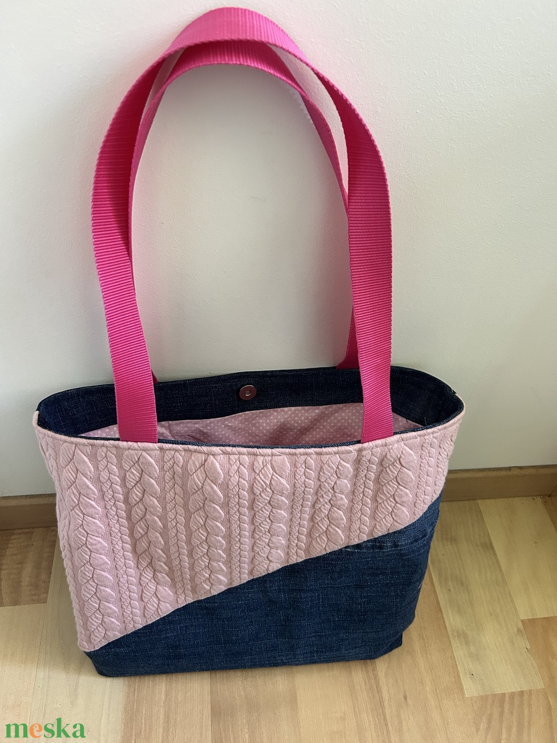 Rózsaszín kötött hatású farmer shopper táska � könnyű, mindennapi használatra - táska & tok - kézitáska & válltáska - nagy pakolós táska - Meska.hu