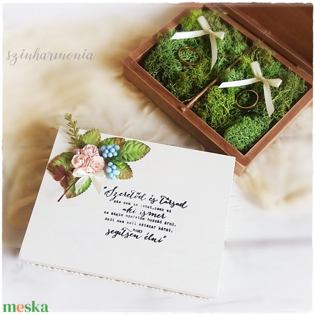 Fehér gyűrűtartó doboz mohaággyal (ládika, gyűrű, ékszer, ékszertartó, esküvő, lánykérés, eljegyzés, gyűrűpárna) - esküvő - kiegészítők - gyűrűtartó & gyűrűpárna - Meska.hu