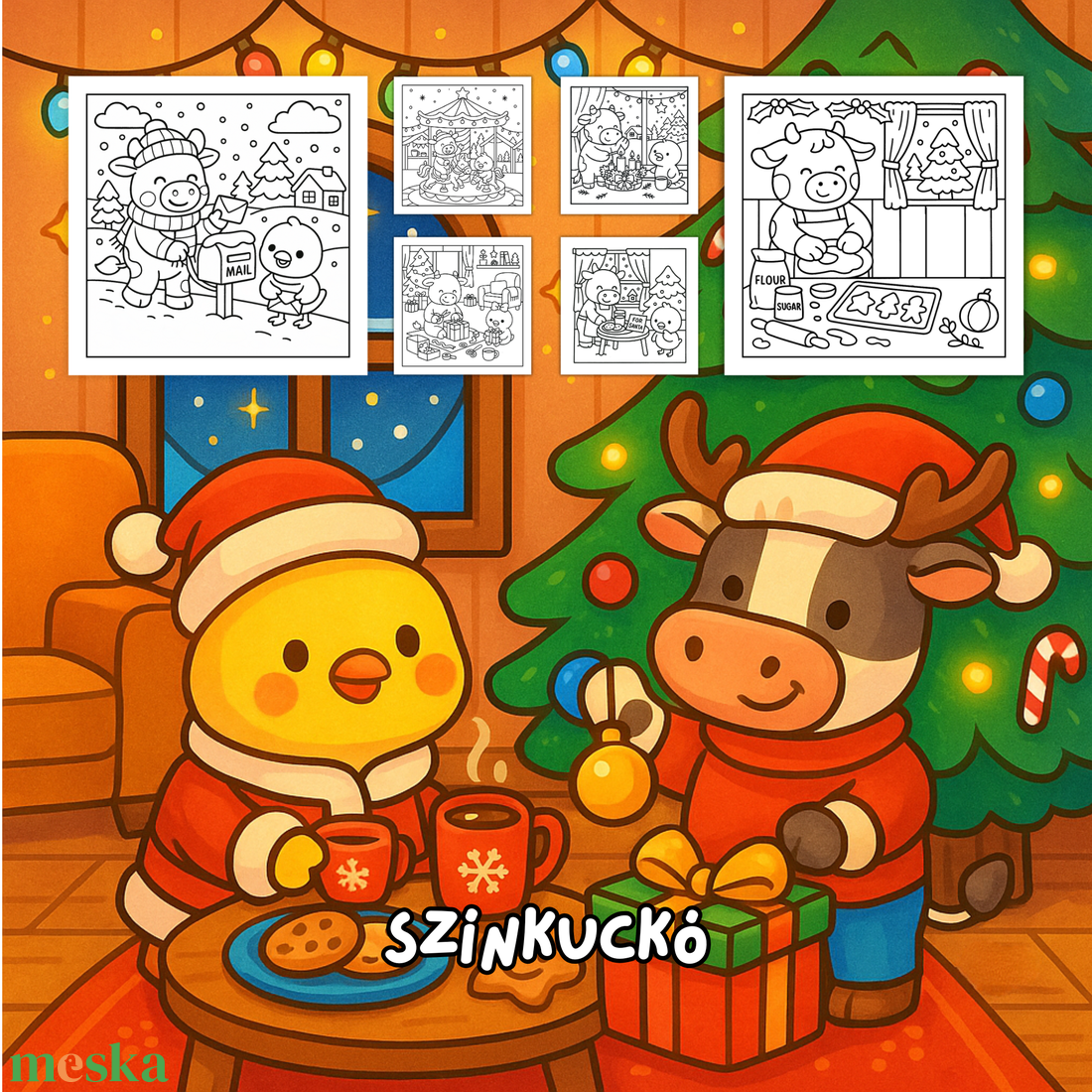 Karácsonyi színezőfüzet gyerekeknek és felnőtteknek. Kifestő kislányoknak karácsonyi ajándék. Boci és Csibe karácsonykor - otthon & életmód - papír, írószer - színező - Meska.hu