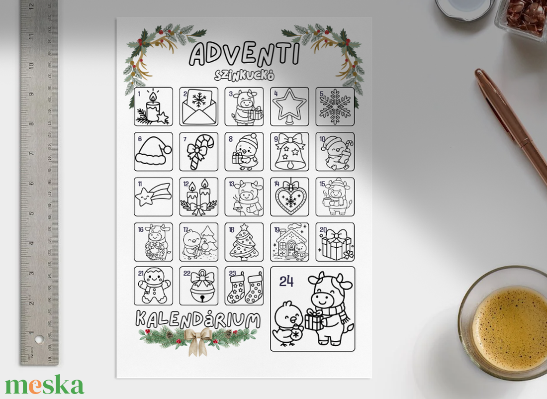 Adventi karácsonyi kalendárium. Cuki állatos színező kalendárium gyerekeknek. 24 színezhető ablak.  - otthon & életmód - papír, írószer - színező - Meska.hu
