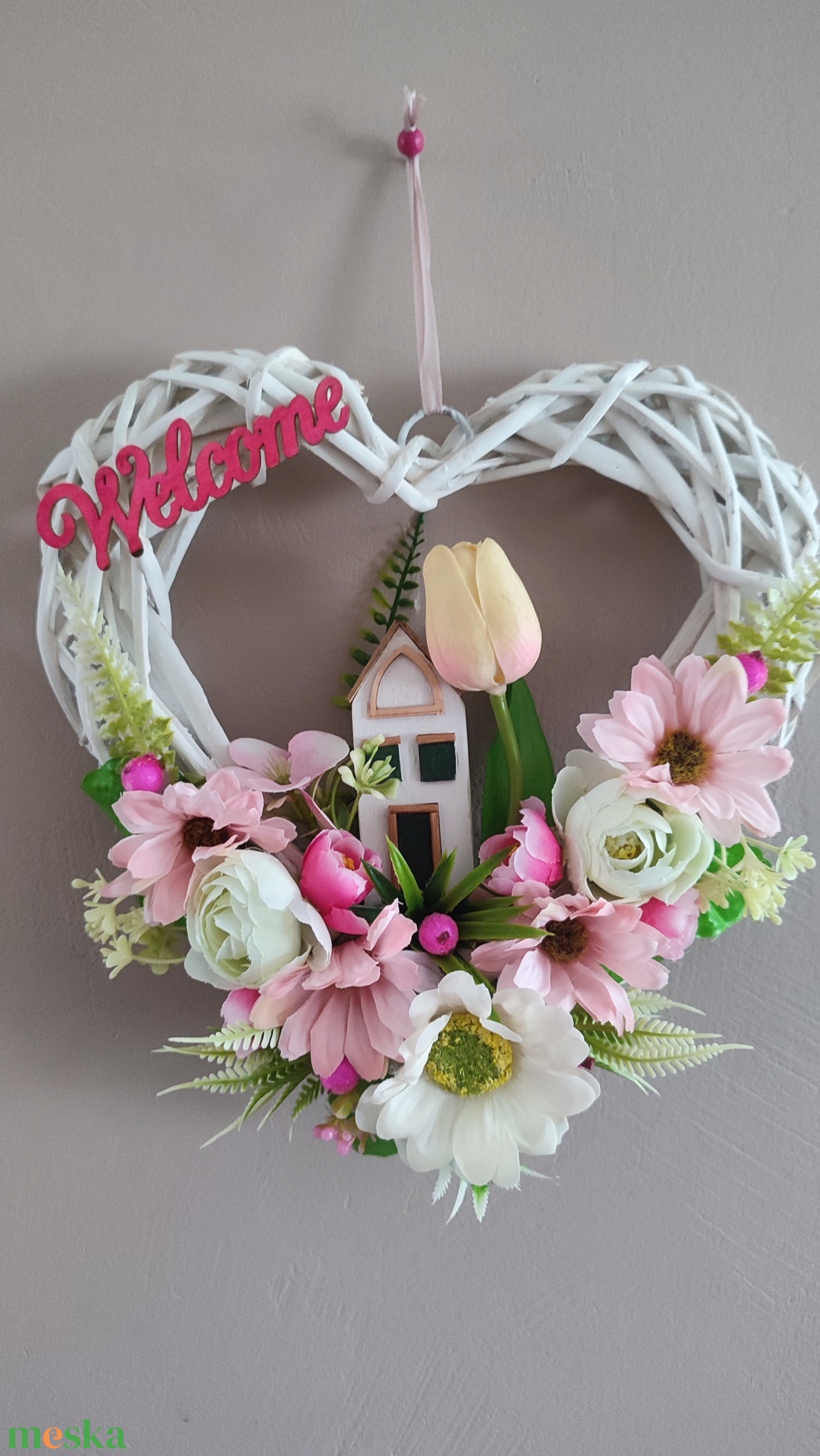 Pasztell rózsaszín tulipános ajtódísz - otthon & életmód - dekoráció - ajtó- és ablak dekoráció - ajtódísz & kopogtató - Meska.hu