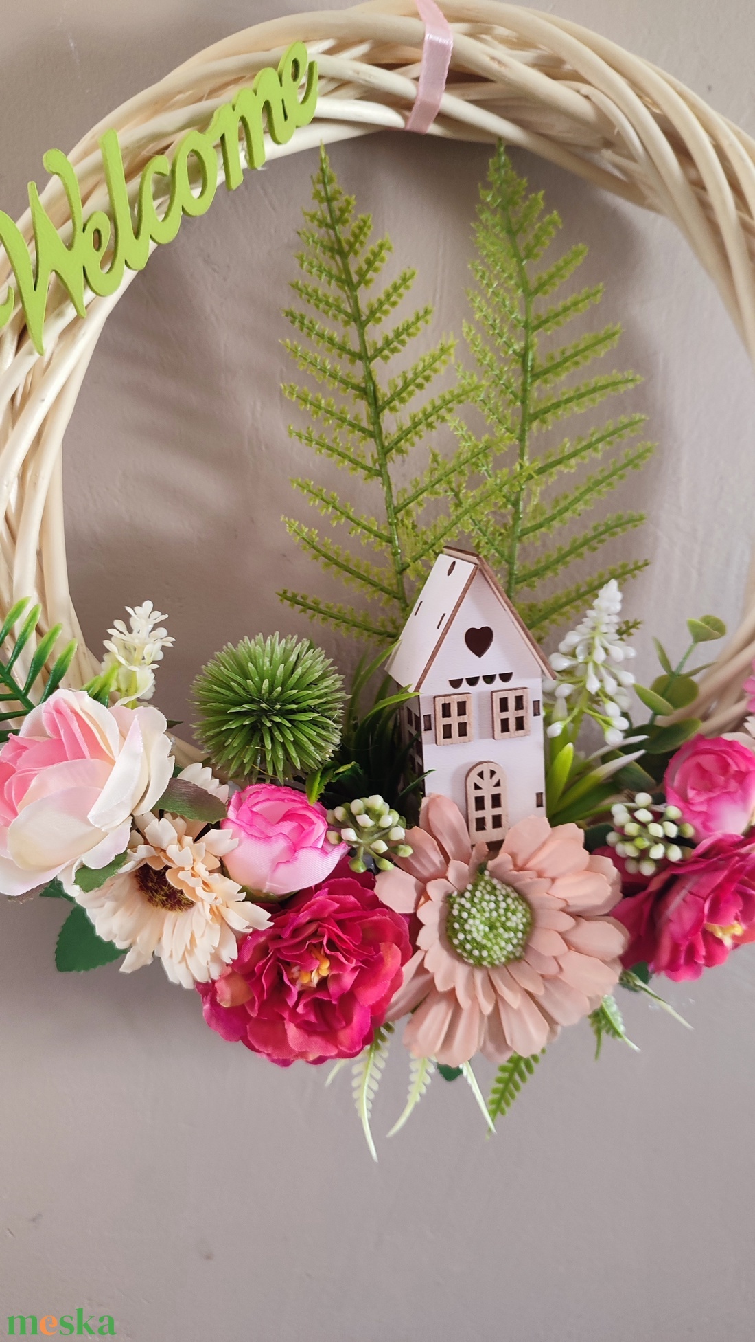 Virágos -házikós hazaváró ajtódísz - otthon & életmód - dekoráció - ajtó- és ablak dekoráció - ajtódísz & kopogtató - Meska.hu