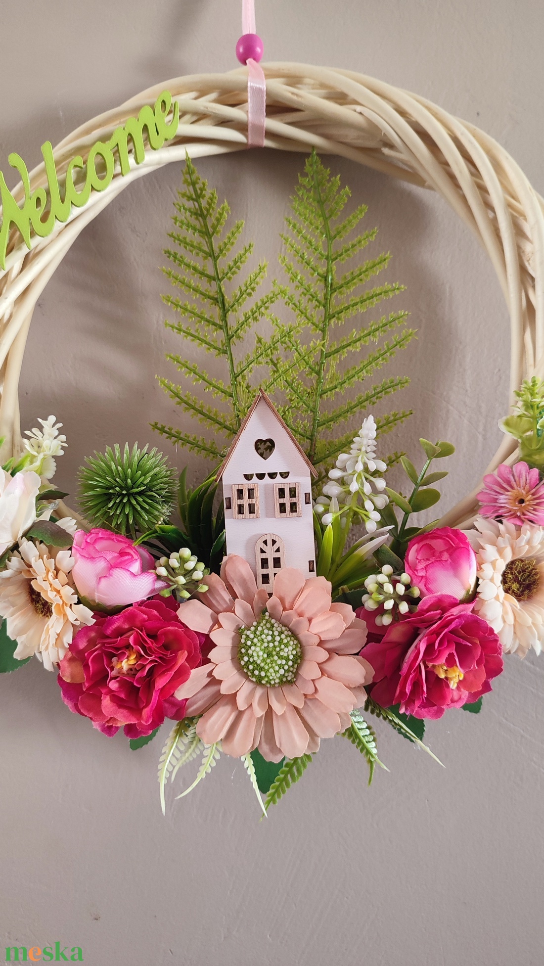 Virágos -házikós hazaváró ajtódísz - otthon & életmód - dekoráció - ajtó- és ablak dekoráció - ajtódísz & kopogtató - Meska.hu