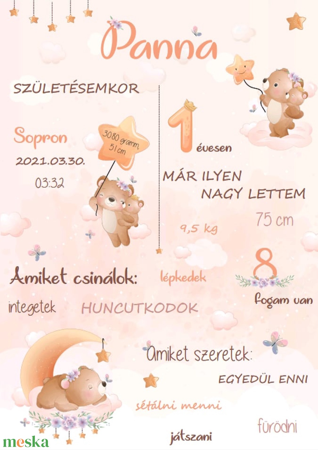 Első születésnapi emlékplakát babáknak � egyedi 1 éves poszter, nyomtatható digitális PDF - baba - mama - babaemlékek - baba emlékőrző - Meska.hu