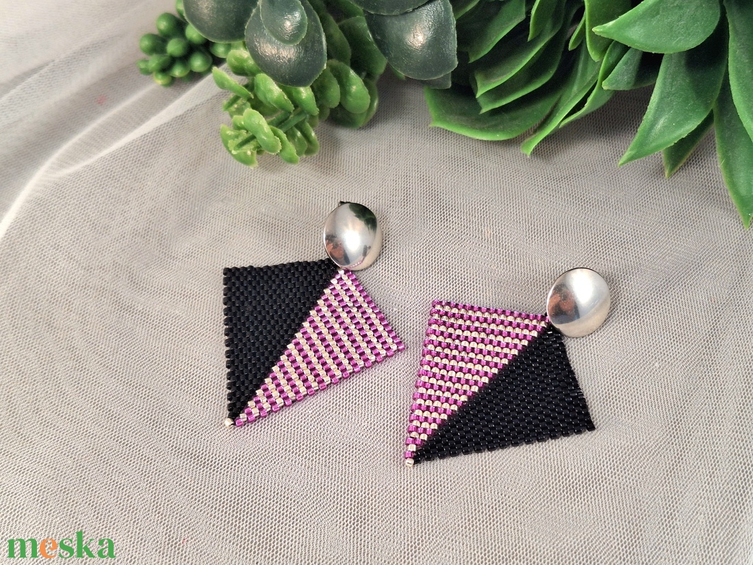 Prizma fülbevaló - pink-ezüst-fekete  - ékszer - fülbevaló - lógó fülbevaló - Meska.hu