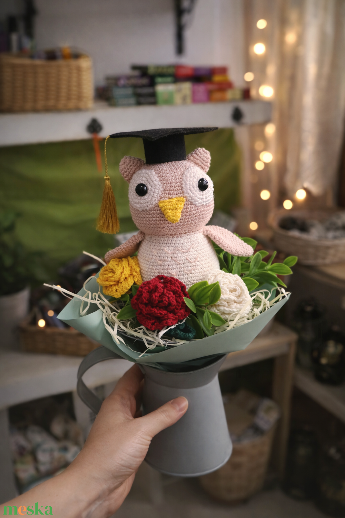 Ballagási csokor horgolt bagollyal � egyedi kézműves ajándék - otthon & életmód - virágdekoráció - virágok - virágcsokor - Meska.hu