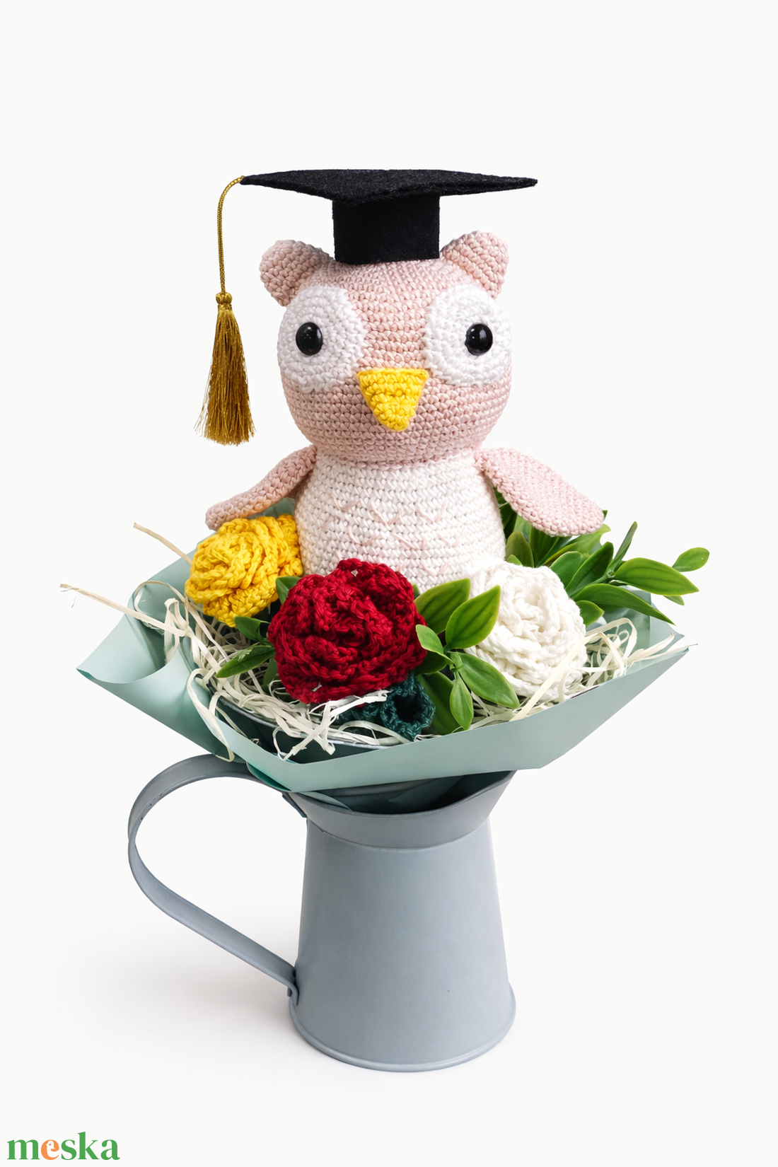 Ballagási csokor horgolt bagollyal � egyedi kézműves ajándék - otthon & életmód - virágdekoráció - virágok - virágcsokor - Meska.hu