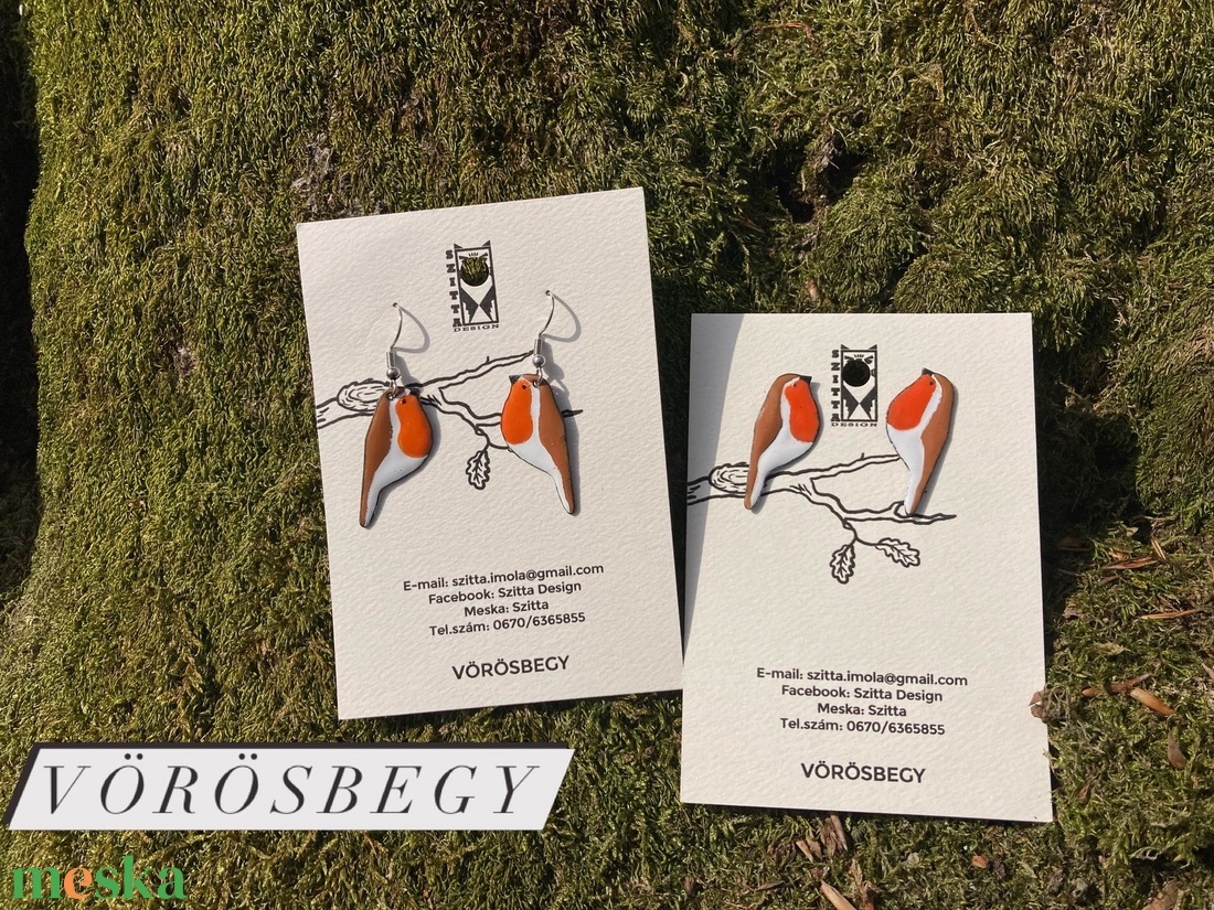 Vörösbegy egyedi tűzzománc fülbevaló - ékszer - fülbevaló - pötty fülbevaló - Meska.hu