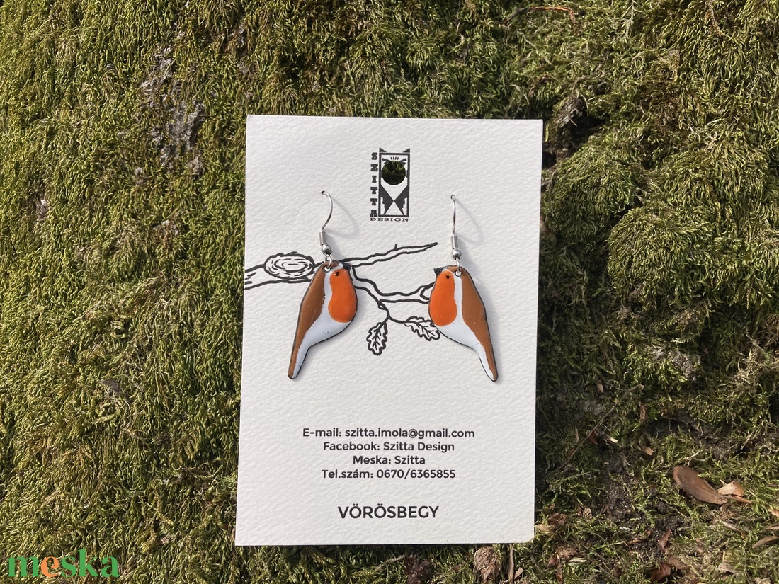 Vörösbegy egyedi tűzzománc fülbevaló - ékszer - fülbevaló - pötty fülbevaló - Meska.hu
