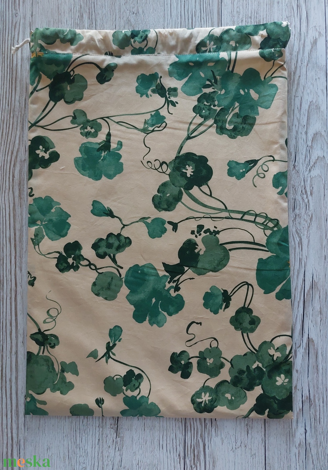 NoWaste kenyeres zsák,drapp alapon zöld  virágos vászonból,  PUL béléssel - táska & tok - bevásárlás & shopper táska - kenyeres zsák - Meska.hu
