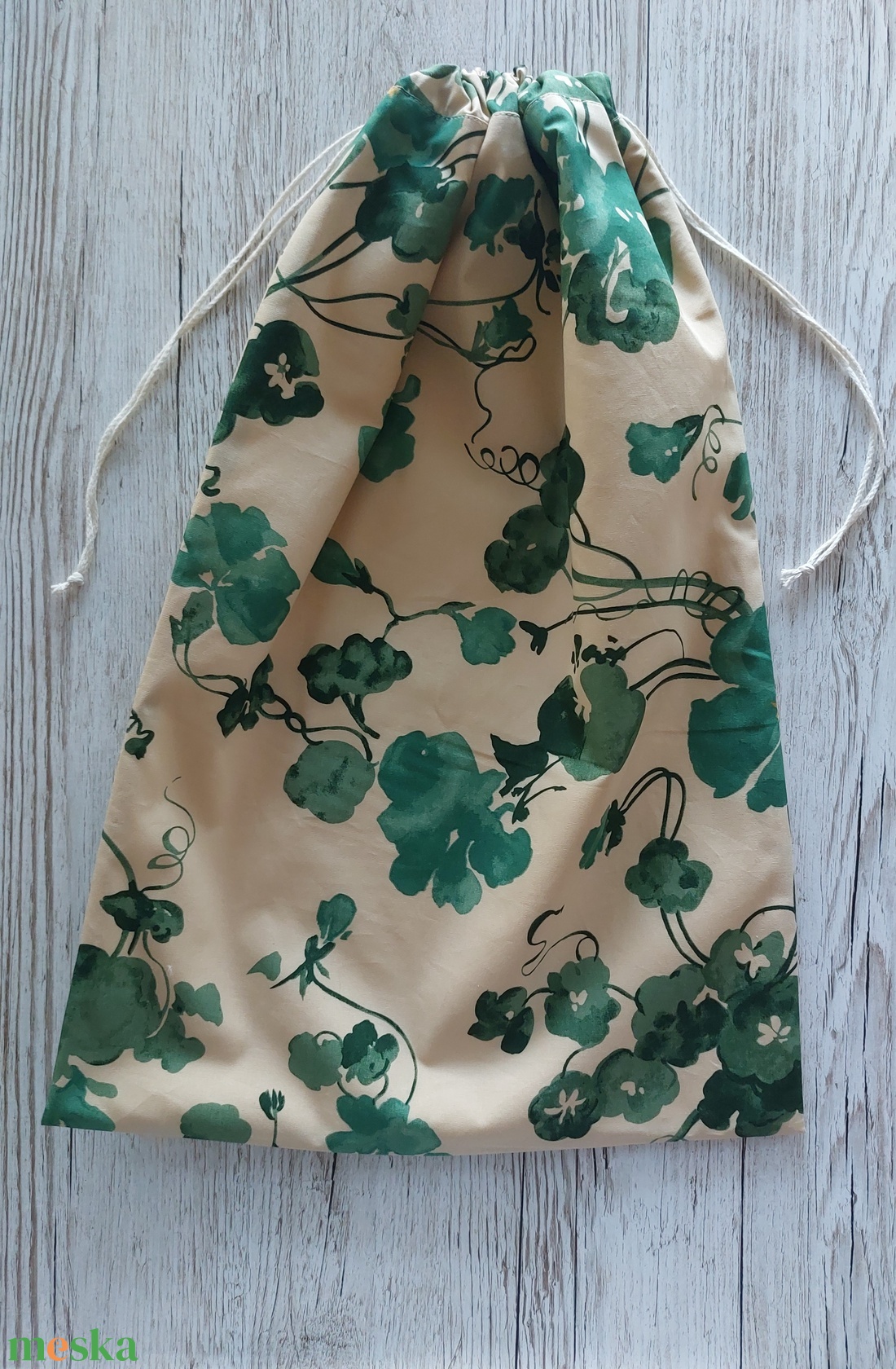 NoWaste kenyeres zsák,drapp alapon zöld  virágos vászonból,  PUL béléssel - táska & tok - bevásárlás & shopper táska - kenyeres zsák - Meska.hu