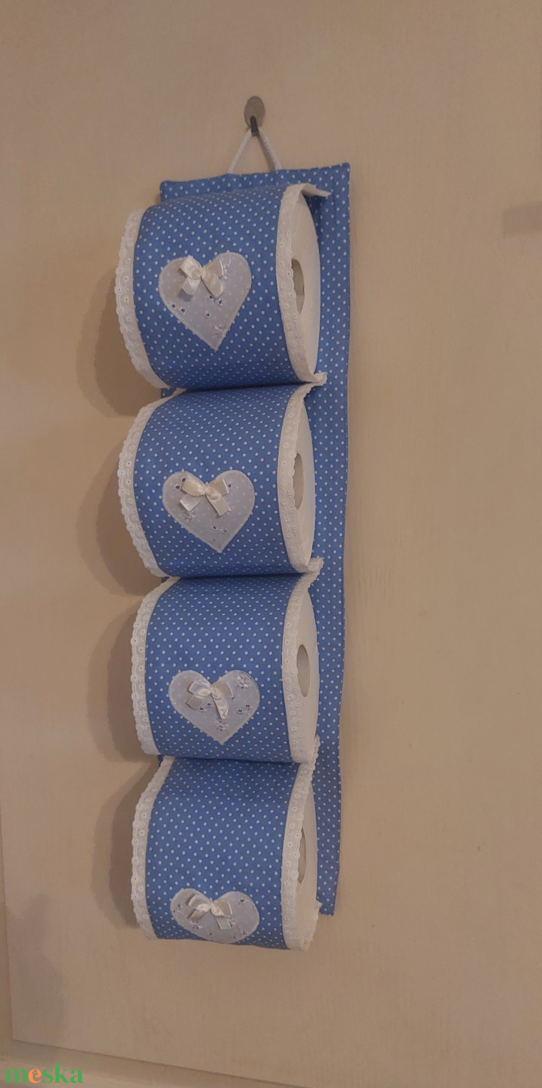 Wc-papír tároló,középkék alapon fehér pöttyös pamutvászonból - otthon & életmód - fürdőszoba - fürdőszobai tároló - Meska.hu