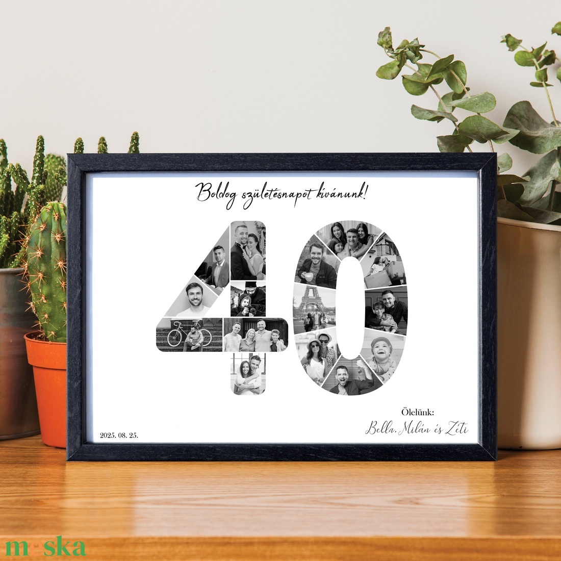 40-es szülinapi fotókollázs A/4-es méretben dátummal, aláírással (digitális kép vagy fotópapírra nyomtatva, keretezve) - művészet - kollázs - Meska.hu