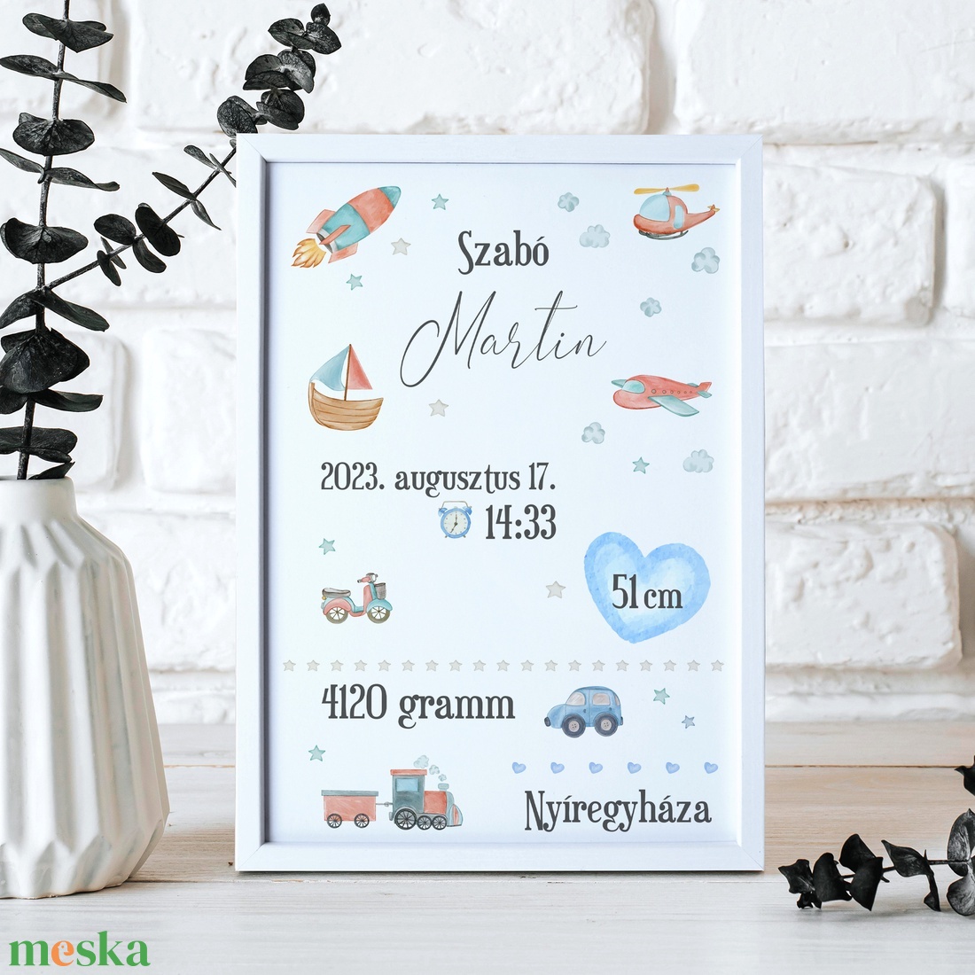 Fiús baba születési adatok dekor print A/4-es méretben (digitálisan vagy fotópapírra nyomtatva, keretezve) fekete-fehér akciós termékkép 1