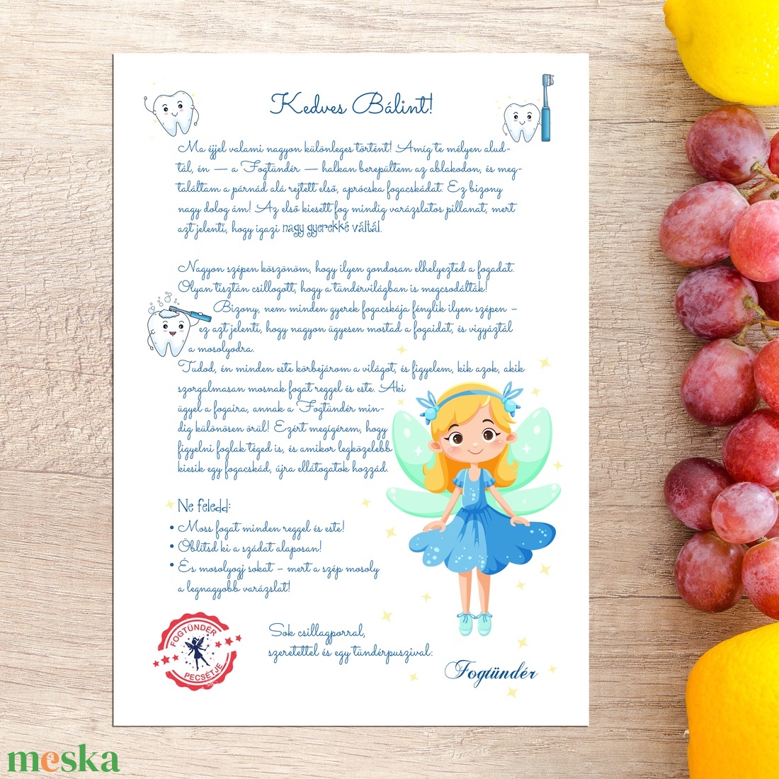 Fogtündér levél gyerekeknek  névre szóló, digitális, nyomtatható üzenet az első kiesett fog után - szépségápolás - fogápolás - Meska.hu