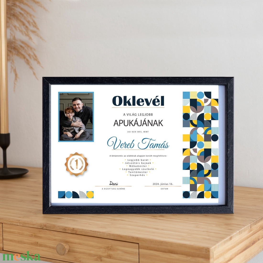 Oklevél a legjobb apának! Szerkeszthető apák napi grafika fotópapíron (A/4) ajándék geometriai mintával - művészet - grafika & illusztráció - digitális - Meska.hu