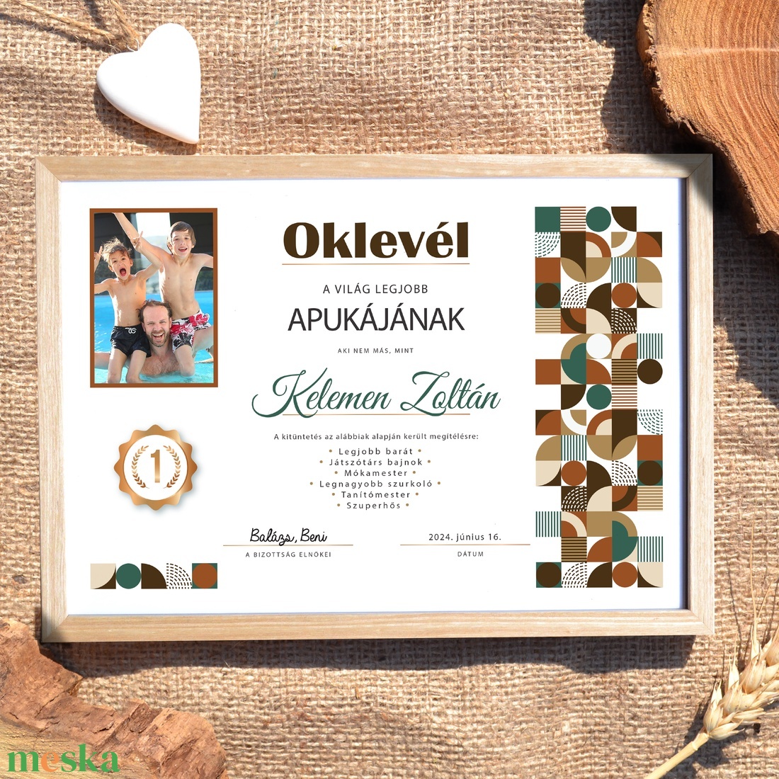 Oklevél a legjobb apának! Szerkeszthető apák napi grafika fotópapíron (A/4) ajándék geometriai mintával - művészet - grafika & illusztráció - digitális - Meska.hu