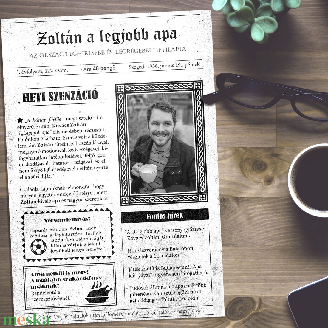 Apa a címlapon! Szerkeszthető hetilap grafika apának fotópapíron (A/4) ajándék apának, apák napjára, a legjobb apának - művészet - grafika & illusztráció - digitális - Meska.hu