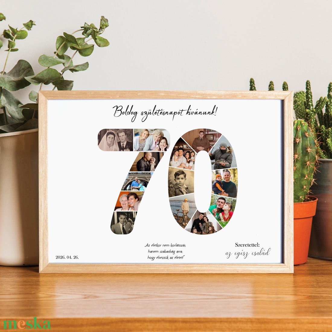 70-es szülinapi fotókollázs A/4-es méretben dátummal, aláírással (digitális kép vagy fotópapírra nyomtatva, keretezve) - művészet - kollázs - Meska.hu