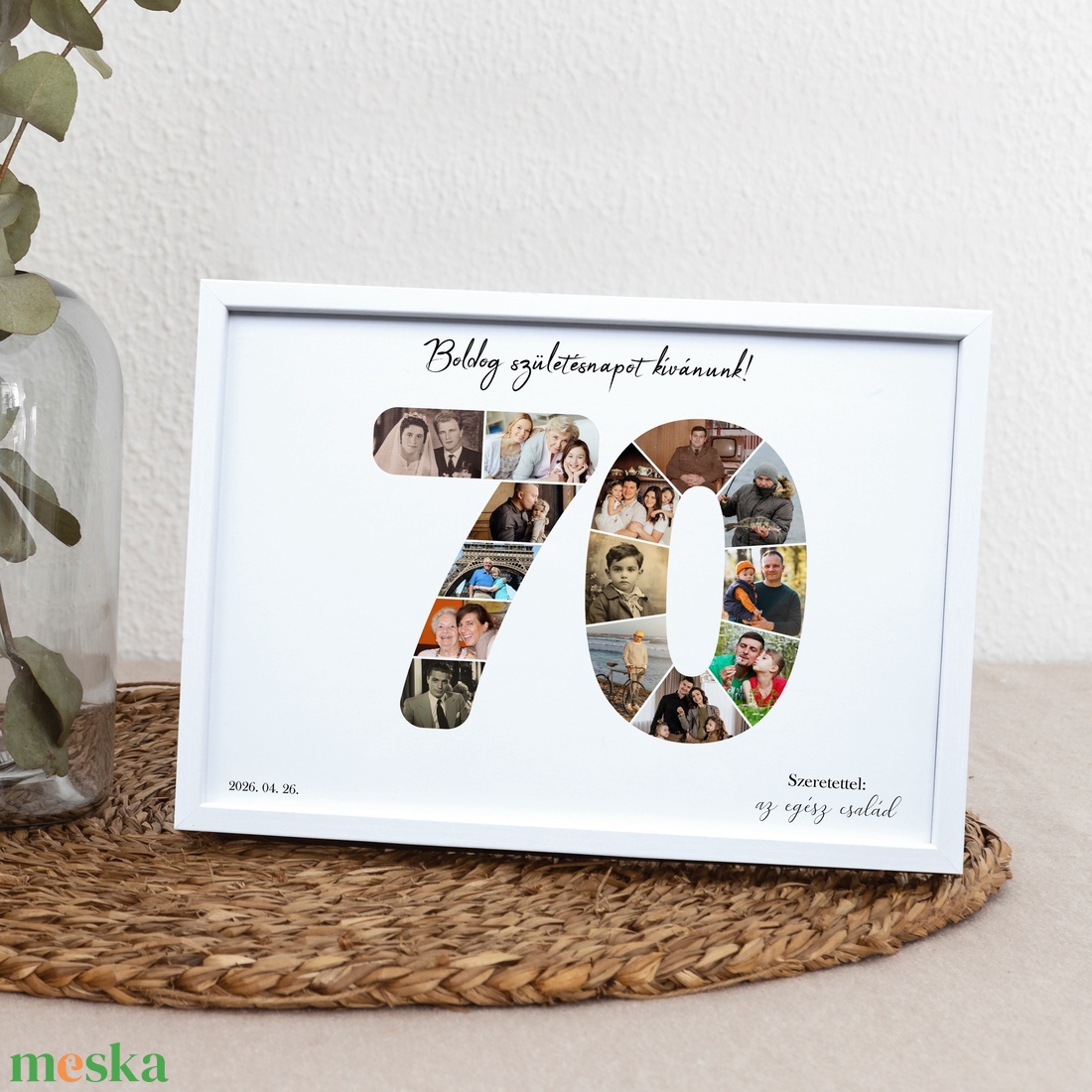 70-es szülinapi fotókollázs A/4-es méretben dátummal, aláírással (digitális kép vagy fotópapírra nyomtatva, keretezve) - művészet - kollázs - Meska.hu