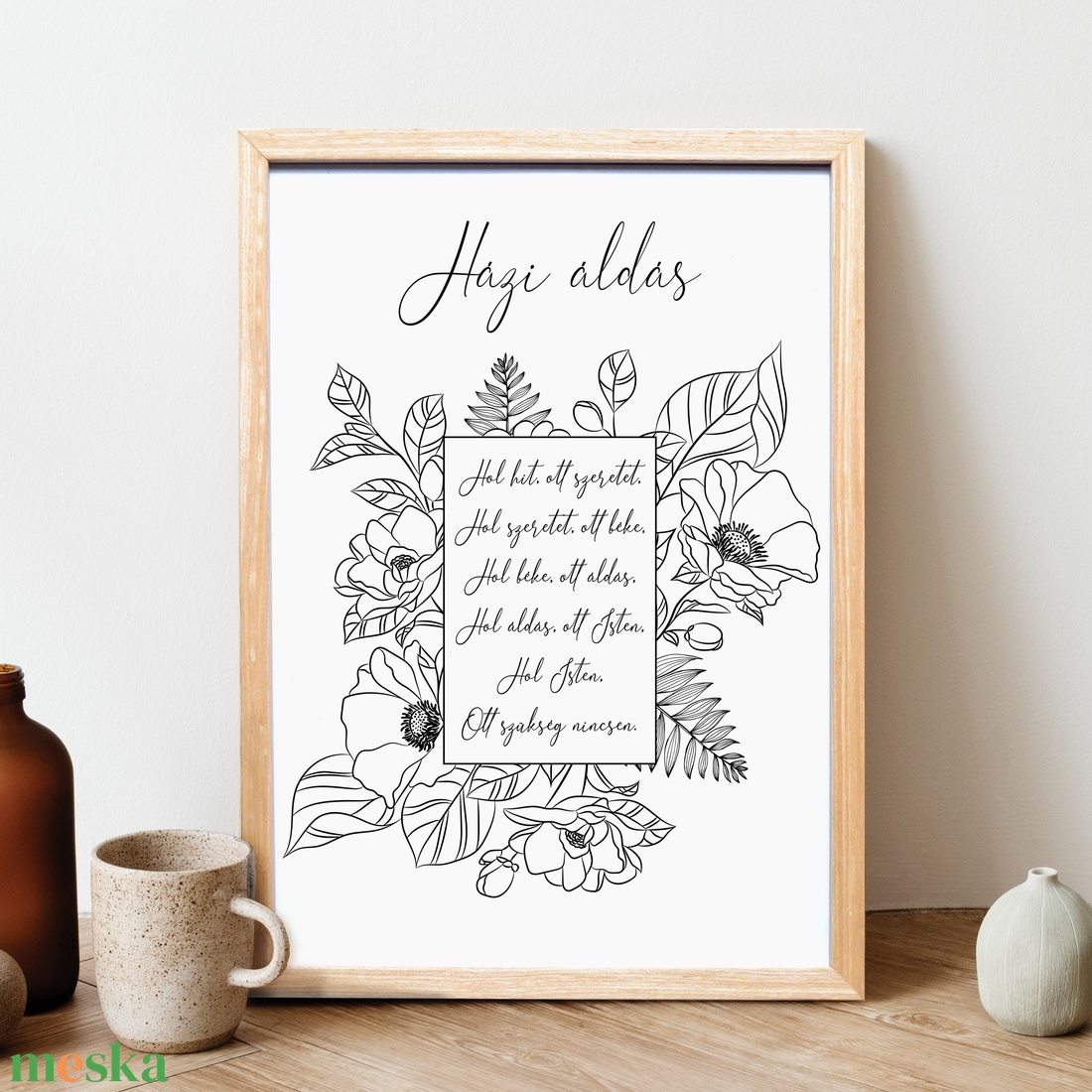 Házi áldás � letisztult, virágos dekor print - fekete-fehér - A/4 - otthon & életmód - vallás - házi áldás - Meska.hu