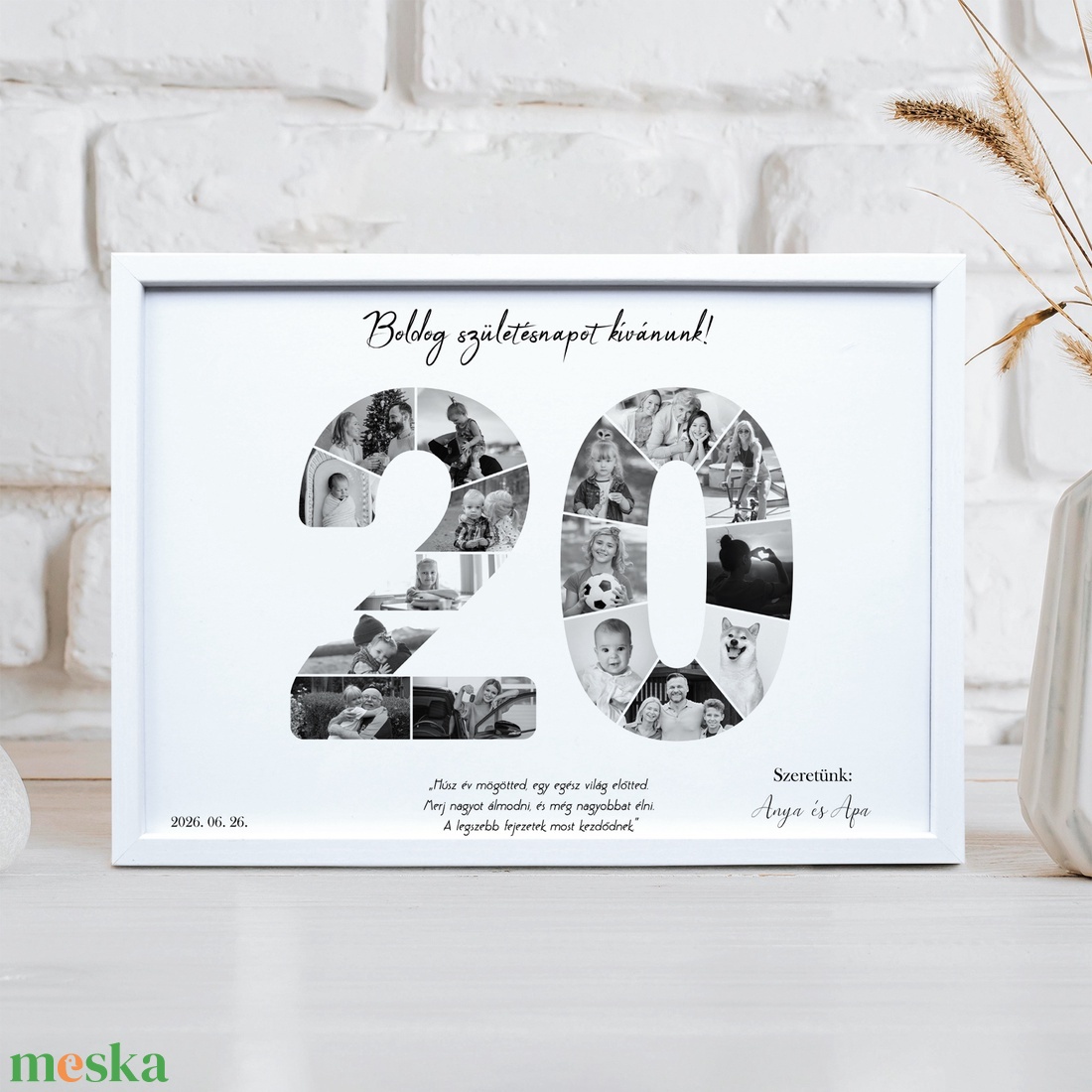 20-as szülinapi fotókollázs A/4-es méretben dátummal, aláírással (digitális kép vagy fotópapírra nyomtatva, keretezve) - művészet - kollázs - Meska.hu