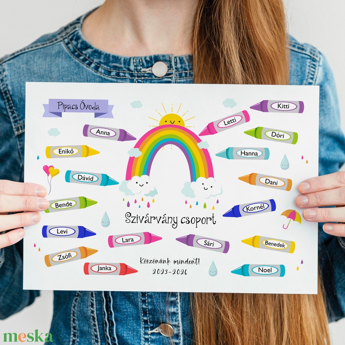 Óvodás tabló a gyerekek neveivel (digitálisan vagy fotópapíron vagy keretezve) szivárványos zsírkrétás kép - otthon & életmód - dekoráció - fali és függő dekoráció - felirat - Meska.hu