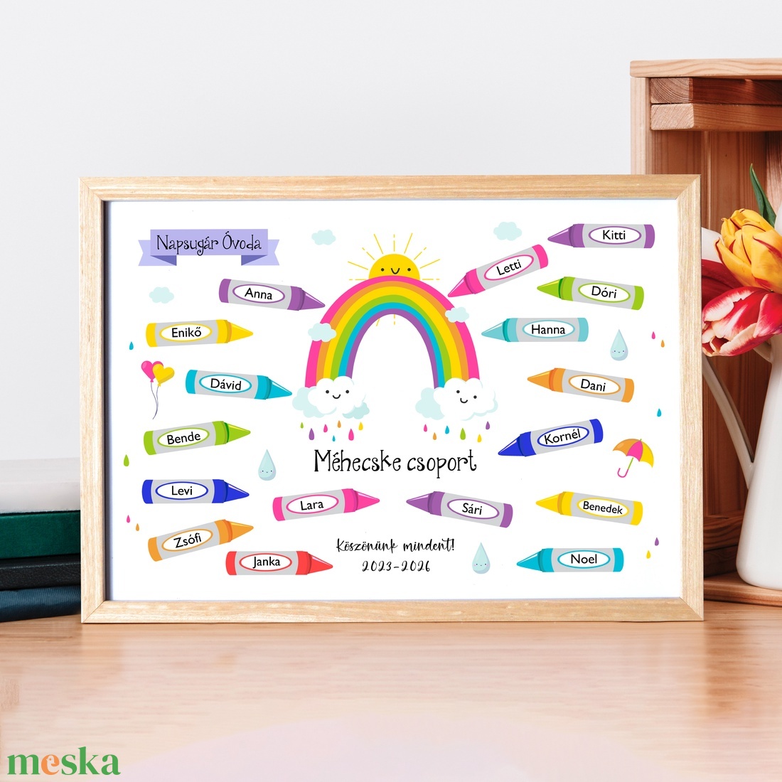 Óvodás tabló a gyerekek neveivel (digitálisan vagy fotópapíron vagy keretezve) szivárványos zsírkrétás kép - otthon & életmód - dekoráció - fali és függő dekoráció - felirat - Meska.hu