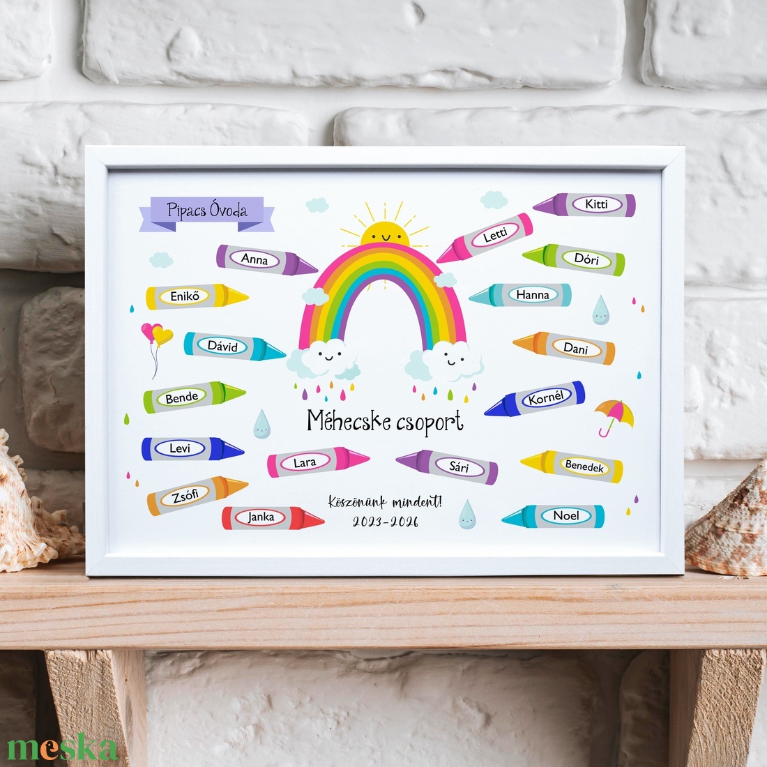 Óvodás tabló a gyerekek neveivel (digitálisan vagy fotópapíron vagy keretezve) szivárványos zsírkrétás kép - otthon & életmód - dekoráció - fali és függő dekoráció - felirat - Meska.hu
