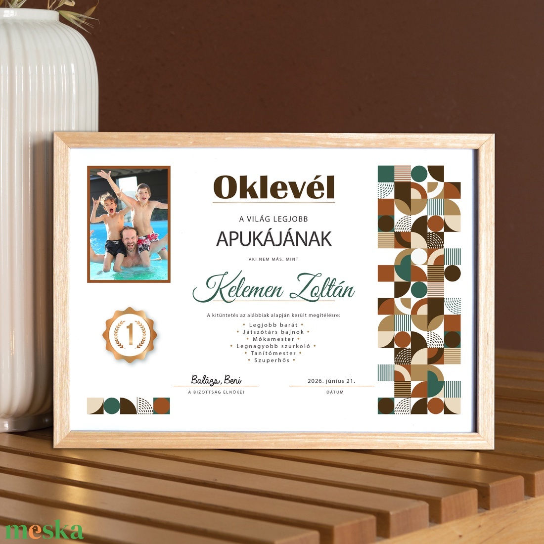 Oklevél a legjobb apának! Szerkeszthető apák napi grafika fotópapíron (A/4) ajándék geometriai mintával - művészet - grafika & illusztráció - digitális - Meska.hu