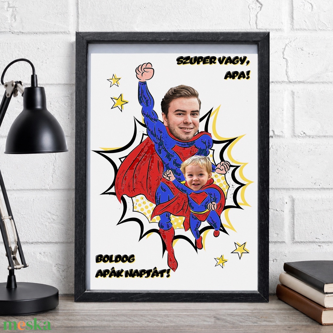 Boldog apák napját! - Szuper vagy, Apa! Szuperhős grafika fotó alapján - digitálisan vagy nyomtatva, keretezve - A/4  - otthon & életmód - dekoráció - fali és függő dekoráció - falra akasztható dekor - Meska.hu
