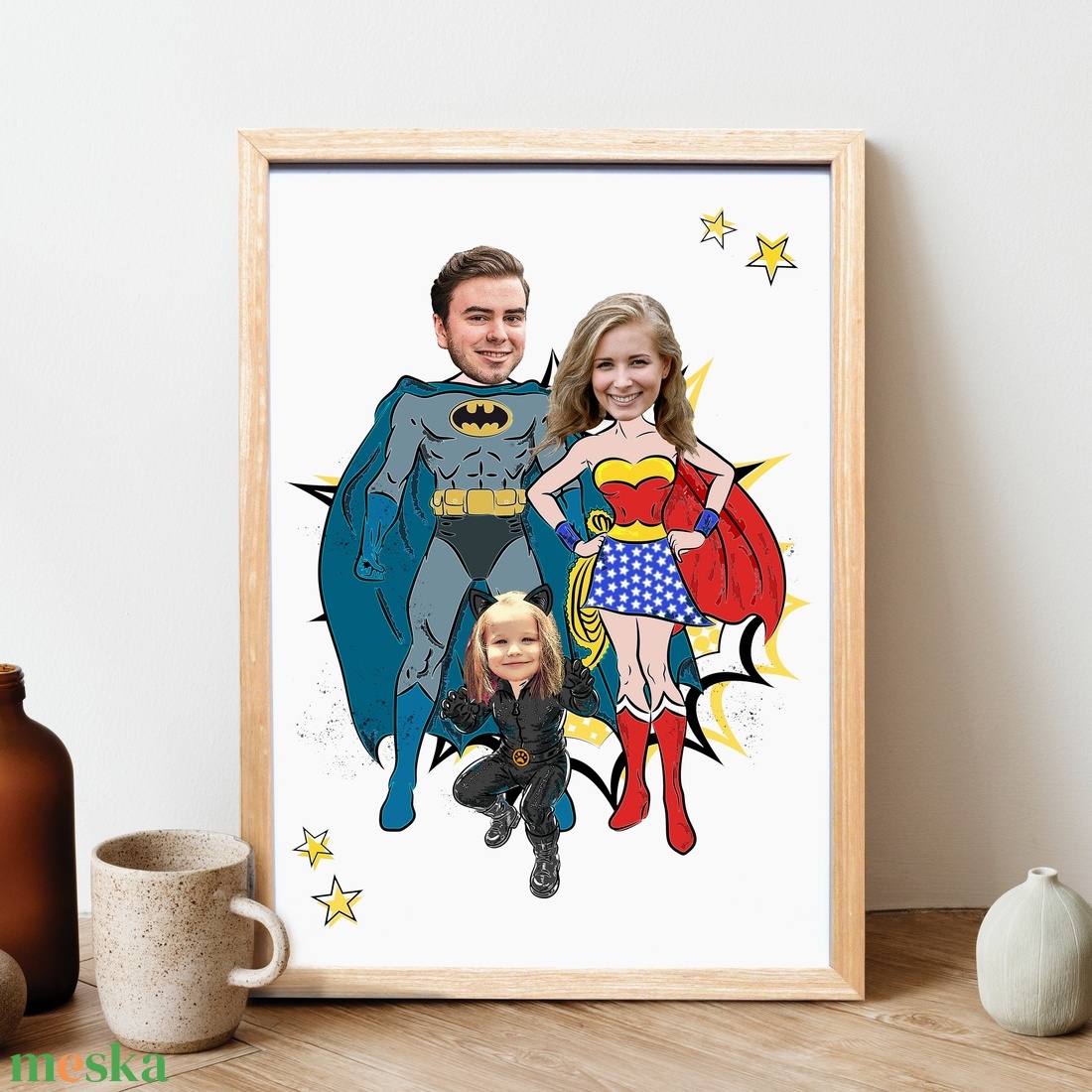 Szupercsalád! Macskalánnyal, Batmannel és Wonder Womannel! Vicces képregény grafika a te fényképeidből. Akár keretezve! - művészet - grafika & illusztráció - digitális - Meska.hu