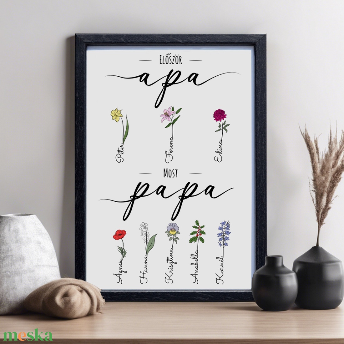 Először apa, most papa grafika a hónapok virágaival, gyermekek és unokák nevével (digitálisan vagy fotópapíron) - művészet - grafika & illusztráció - digitális - Meska.hu