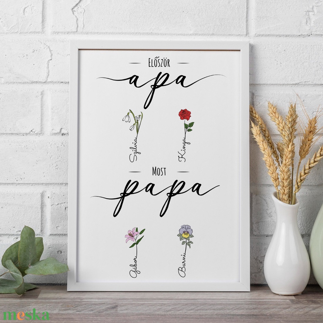 Először apa, most papa grafika a hónapok virágaival, gyermekek és unokák nevével (digitálisan vagy fotópapíron) - művészet - grafika & illusztráció - digitális - Meska.hu