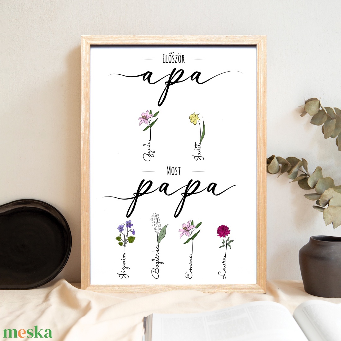 Először apa, most papa grafika a hónapok virágaival, gyermekek és unokák nevével (digitálisan vagy fotópapíron) - művészet - grafika & illusztráció - digitális - Meska.hu