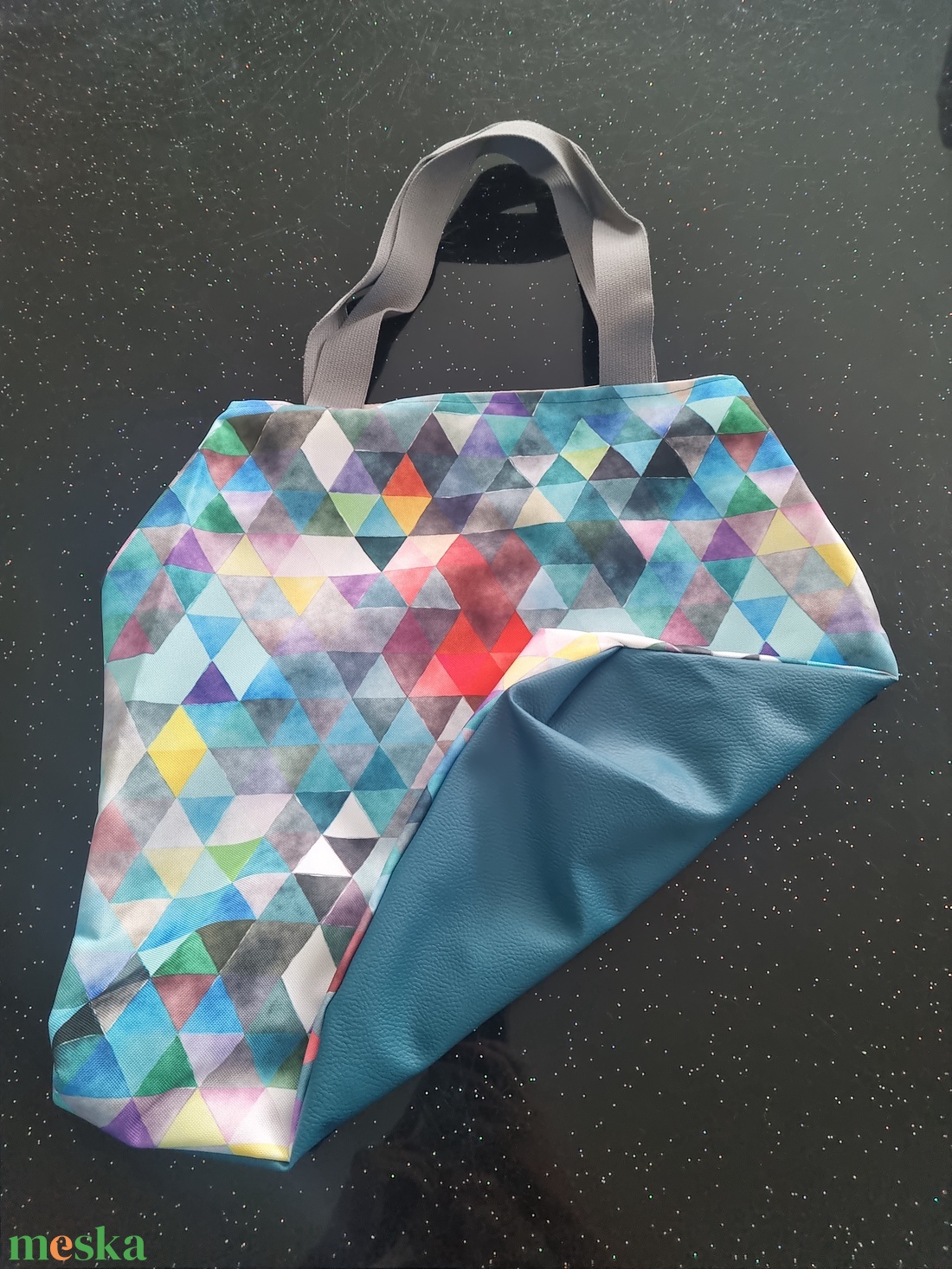 Sínes háromszödes-zöld szatyor - táska & tok - bevásárlás & shopper táska - shopper, textiltáska, szatyor - Meska.hu