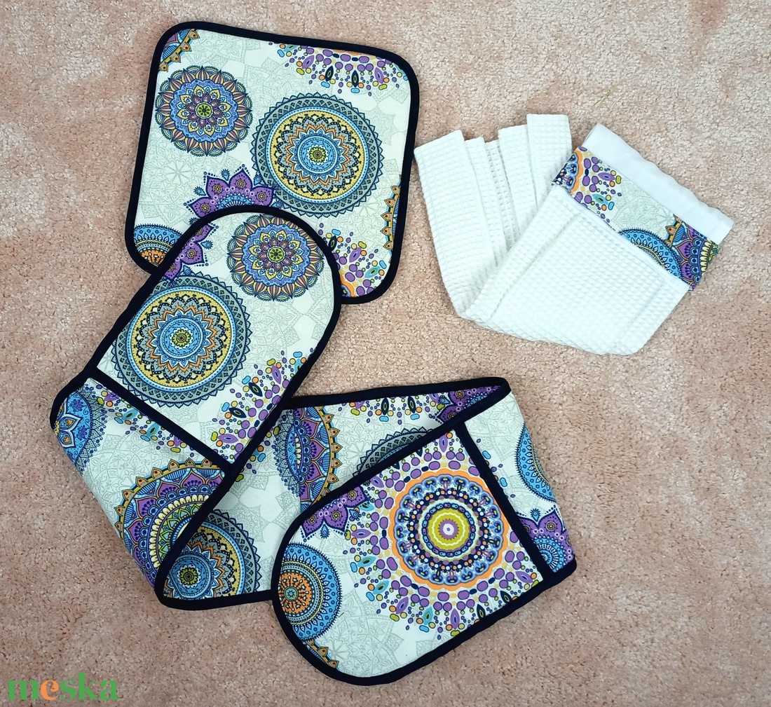 Konyhai szett, edényalátét, dupla sütőkesztyű, kéztörlő konyharuha - otthon & életmód - konyhafelszerelés, tálalás - konyhai textil - edényfogó & edényfedő - Meska.hu