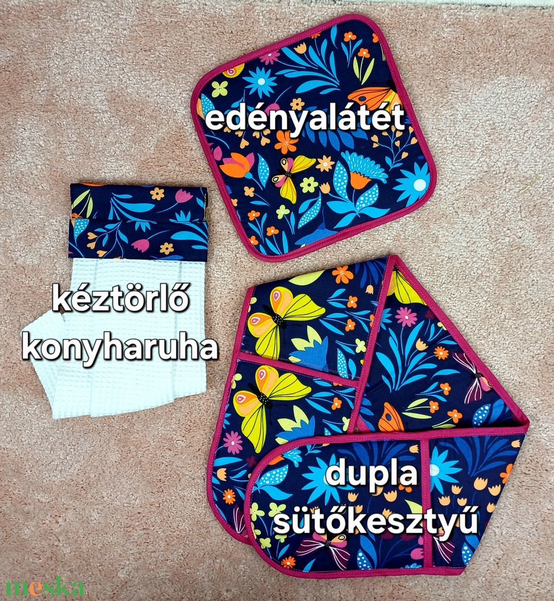 Konyhai szett, edényalátét, dupla sütőkesztyű, kéztörlő konyharuha - otthon & életmód - konyhafelszerelés, tálalás - konyhai textil - edényfogó & edényfedő - Meska.hu